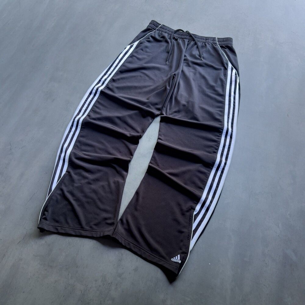 Vintage 2004 Adidas Track Pants Mens L Black 3 Stripe Wide Leg Y2K Zip Hem